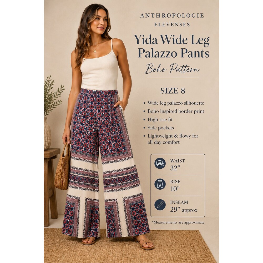 Anthropologie Elevenses Yida Wide Leg Palazzo Pants Boho Pattern Size 8